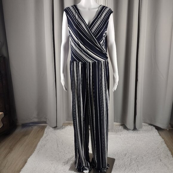 Emma & Michele Blue White Stripe Jersey V Neck Wide Leg Jumpsuit Size Large - Picture 2 of 14